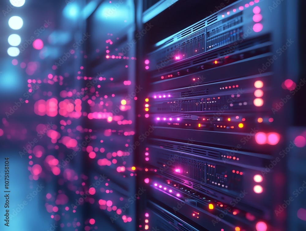 Poster A row of server racks in a data center with blinking lights and a blurred background of data streams.