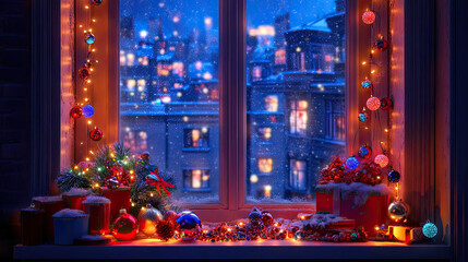 A window with Christmas decorations and lights outside