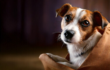 Cute dog sitting in a red bag
