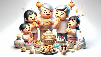 Fototapeta premium 3D Candid Family Sharing Seollal Sweets Snacks Concept, Family Indulging Together, Festive Eating Togetherness Cultural Tradition, Ample Copy Space, Isolated Icon on White Background