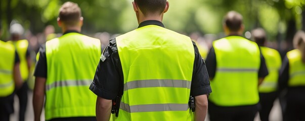 Naklejka premium Group of police officers in bright yellow vests on patrol.