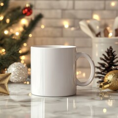 White porcelain cup, a cup with free space for text on the table against the background of fir trees and blurred side, close-up, photo.
