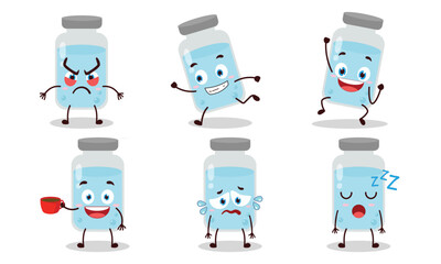 funny medicine vial bottle character with various pose activity design illustration