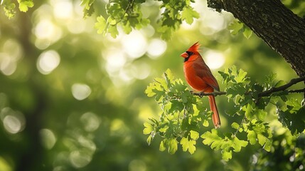 Vibrant Male Northern Cardinal Perched on an Oak Tree Branch. AI generated illustration