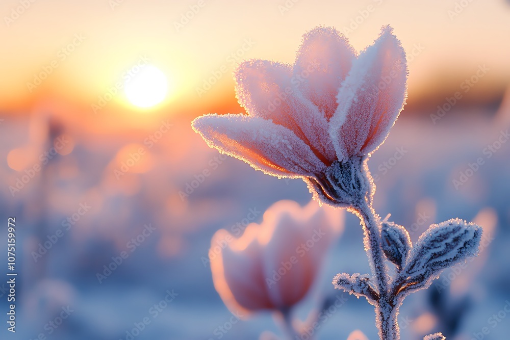 Poster a single frosted flower in the foreground with a sunrise in the background.