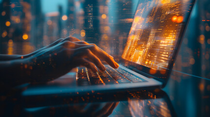 Hände beim Programmieren auf leuchtender Tastatur