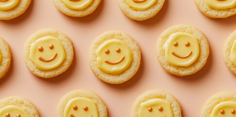 Smiley Face Cookies with Yellow Cream Cheese Filling, Minimalist Pattern. AI generated illustration