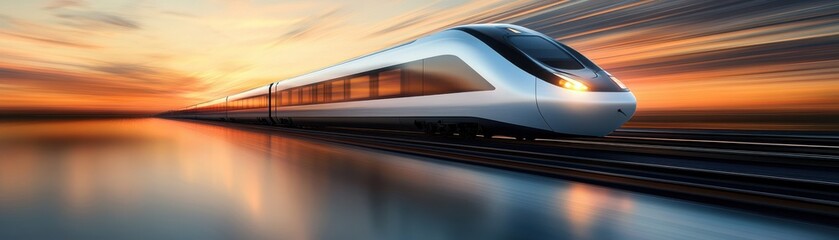 High-speed train traveling at sunset over tranquil waters.