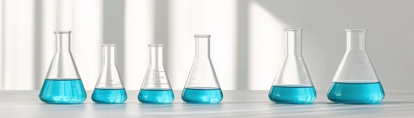 Glass flasks with blue liquid arranged in a laboratory setting.