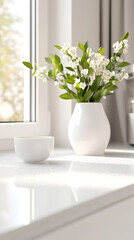 Fototapeta premium Modern style light kitchen, close-up of an empty white countertop. 3D render.