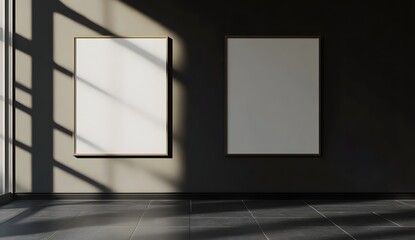 Two blank frames hang on a dark wall, illuminated by a ray of sunlight streaming through a window.  The minimalist setting creates a blank canvas for your creative ideas.
