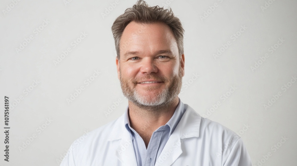 Poster a man in a white lab coat is smiling for the camera