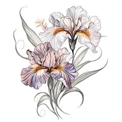 Obraz premium Floral bouquet with flower iris. Vintage Fourish Greeting Card Design. Swirl flower 
