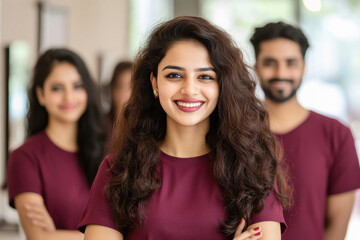 Young indian female hair Stylist, Beautician and staff of a beauty salon in maroon color t - shirts posing