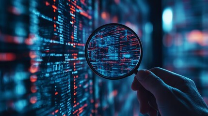 Exploring digital code  a hand with a magnifying glass represents data analysis and software testing