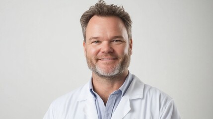 A man in a white lab coat is smiling for the camera