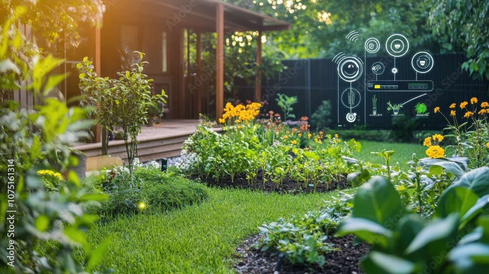 Poster this lush garden features automated sprinklers and soil sensors, thriving under the warm glow of mor