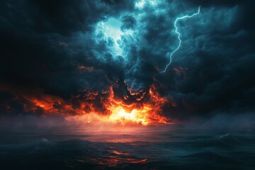 Ominous Stormy Sky with Lightning Over the Ocean. AI generated illustration