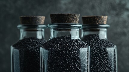 Black Pebbles in Vintage Glass Bottles. AI generated illustration