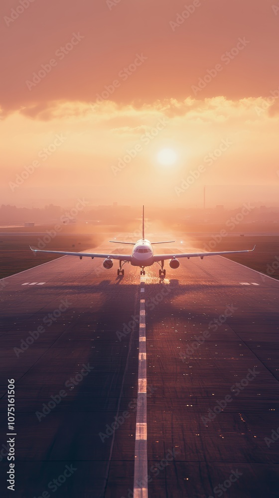 Poster passenger airplane is taxiing on the runway at sunset, preparing for takeoff or after landing. the w