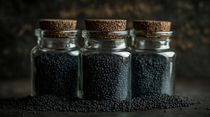 Black Pebbles in Vintage Glass Bottles. AI generated illustration