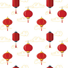 Chinese paper lanterns and cloud seamless pattern. Lunar New Year background design, spring festival holiday symbols. Isolated on white background