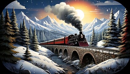 A steam train moves through a fantasy landscape of mountain bridges.