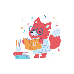 Vector illustration with the image of a cute fox in clothes and glasses, reading a book.