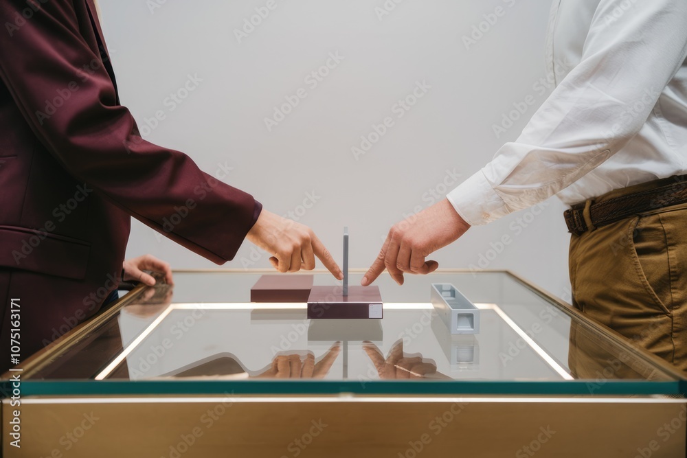 Poster two people pointing at a model on a table