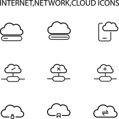 The collection of icons representing the internet, network, and cloud concepts including a cloud with a server underneath, a cloud with two servers underneath and so on.