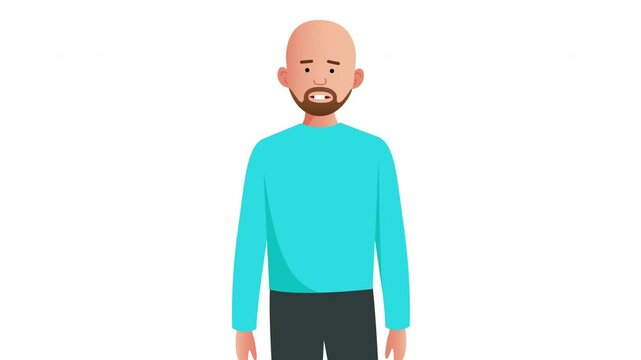 2D Illustrated bald male vector character talking for different lengths of time animation. Mouth moving. Pauses for easy cutting. On white background.