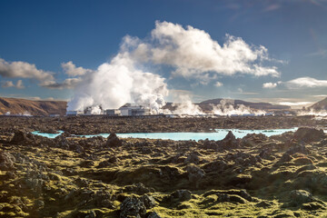Volcanic field and a Blue Lagoon Lake, Grindavik, Iceland