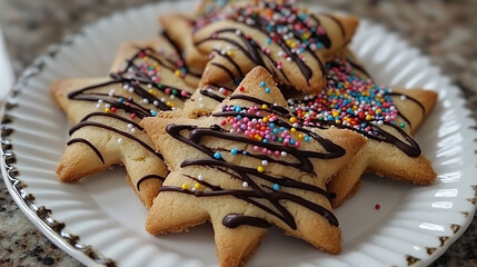 Star cookies with chocolate drizzle and sprinkles