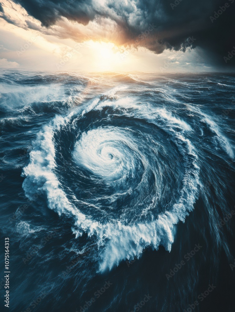 Poster A powerful hurricane develops over the open ocean as the sun sets, showcasing swirling clouds and towering waves in dramatic light. Generative AI