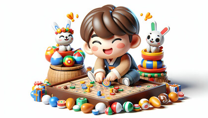 Obraz premium 3D Candid Children Playing Yutnori Seollal Festivities Joyful Fun Cultural Heritage Traditional Korean Board Game Ample Copy Space Festive Decorations Isolated Icon White Background