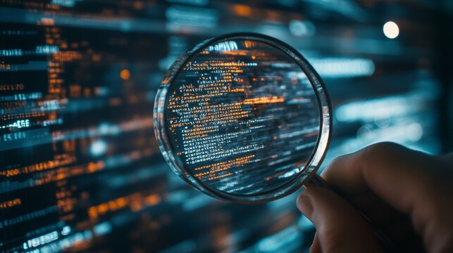 Examining digital code with a magnifying glass  a symbol of data analysis and software testing