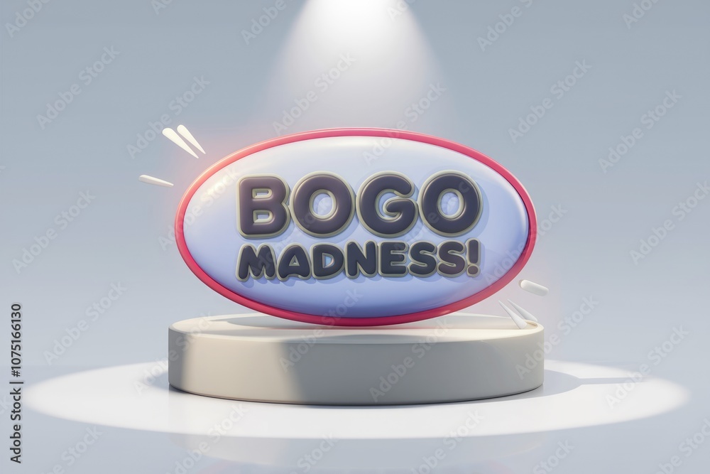 Poster a 3d rendered sign with the text bogo madness! on a podium.