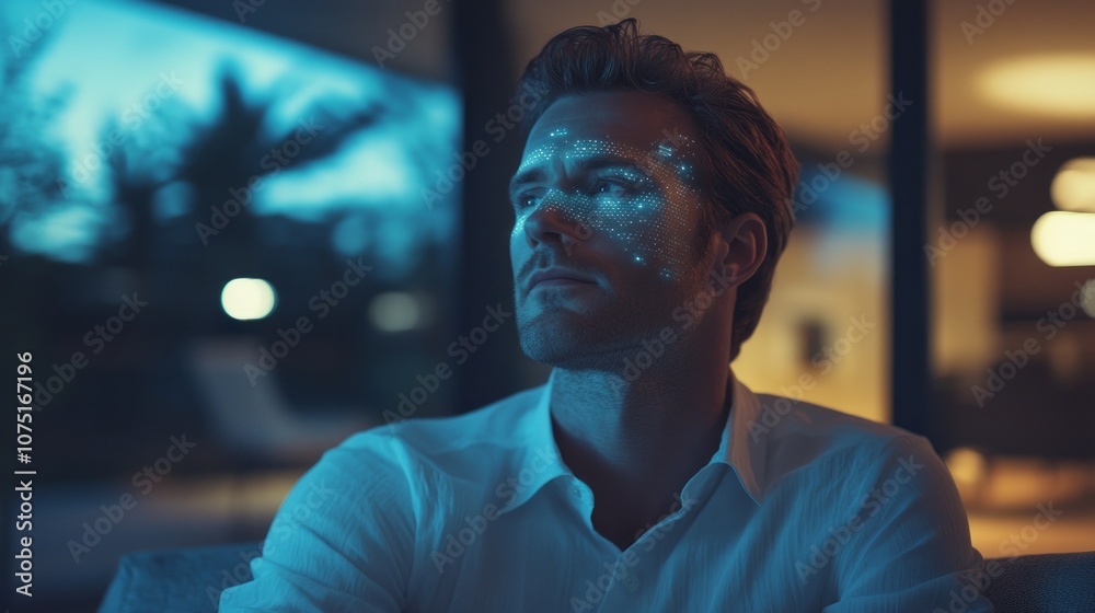 Poster a man with a glowing face is sitting on a couch