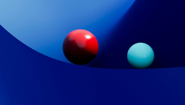 Two spheres with contrasting colors on a blue gradient background with geometric shadows.