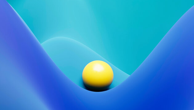 A yellow ball centered on a wavy blue and cyan backdrop with a minimalist design.
