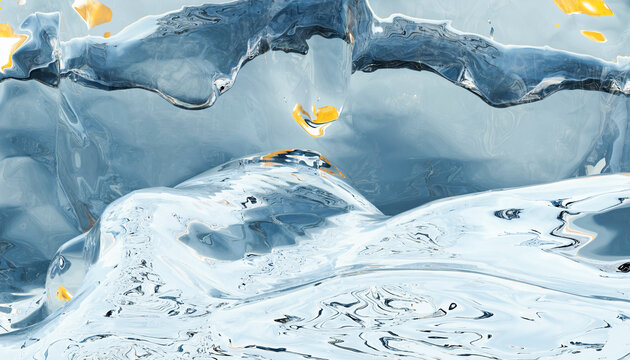 Illustration of Abstract art showing swirling patterns of blue and white with yellow accents, reminiscent of marble.