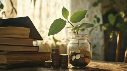 Dinesh's Investment in Education: Graduation Hat, Coins, and Books. AI generated illustration
