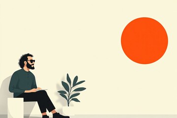 Modern Minimalist Artwork: Man and Sun in Tranquil Setting