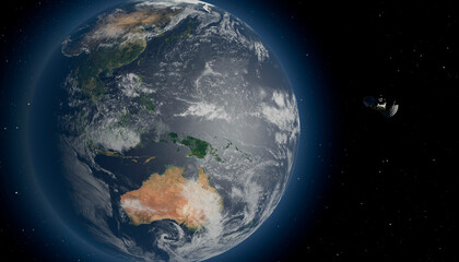 Illustration of earth viewed from space showing continents with a satellite orbiting nearby.