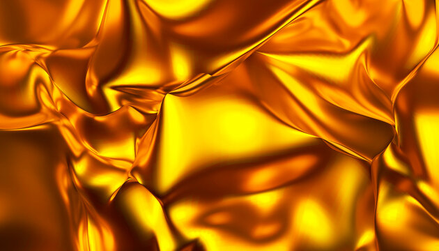 Illustration of golden satin fabric with luxurious folds creating an abstract background.