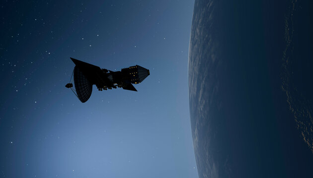 Illustration of a satellite orbiting Earth against the backdrop of space.