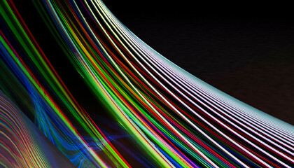 Abstract light painting with colorful lines and waves against a dark background.