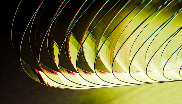 Stacked sheets of paper with a green and black gradient background, creating an abstract wave pattern.