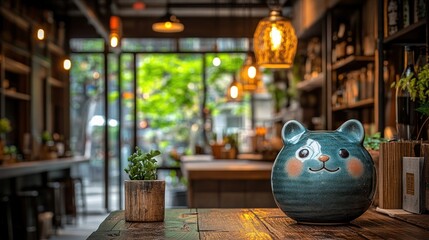 A blue ceramic cat figurine sits on a rustic wooden table in a cozy cafe.