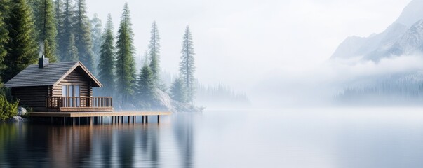 Fototapeta premium Serene lakeside cabin surrounded by misty mountains and trees.